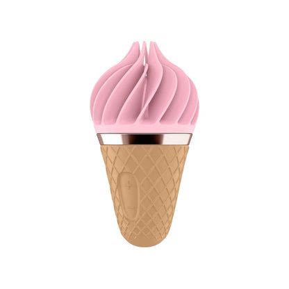 Satisfyer Sweet Treat rotating clitoral stimulator in pink and brown, shaped like an ice cream cone