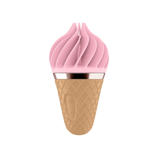 Satisfyer Sweet Treat rotating clitoral stimulator in pink and brown, shaped like an ice cream cone